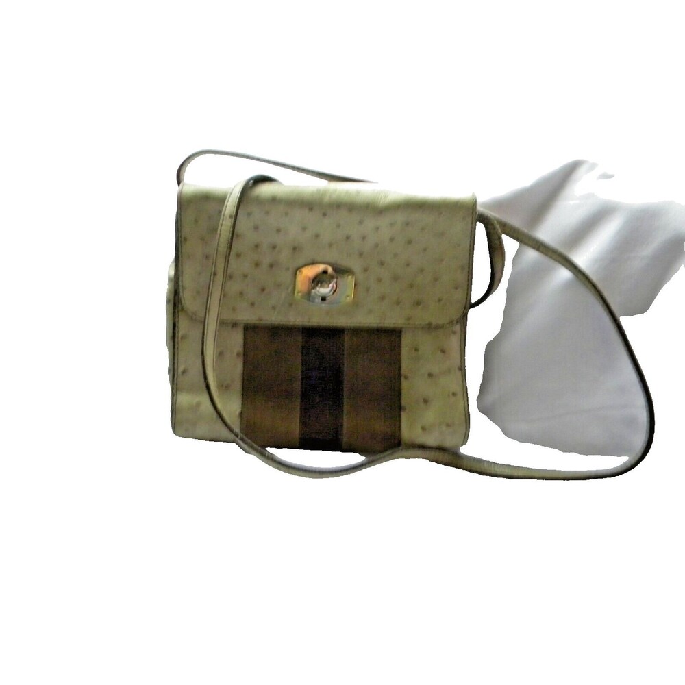Furla Camel & Tan Brown Ostrich Leather w/ Suede Center Strip Turnlock Bag